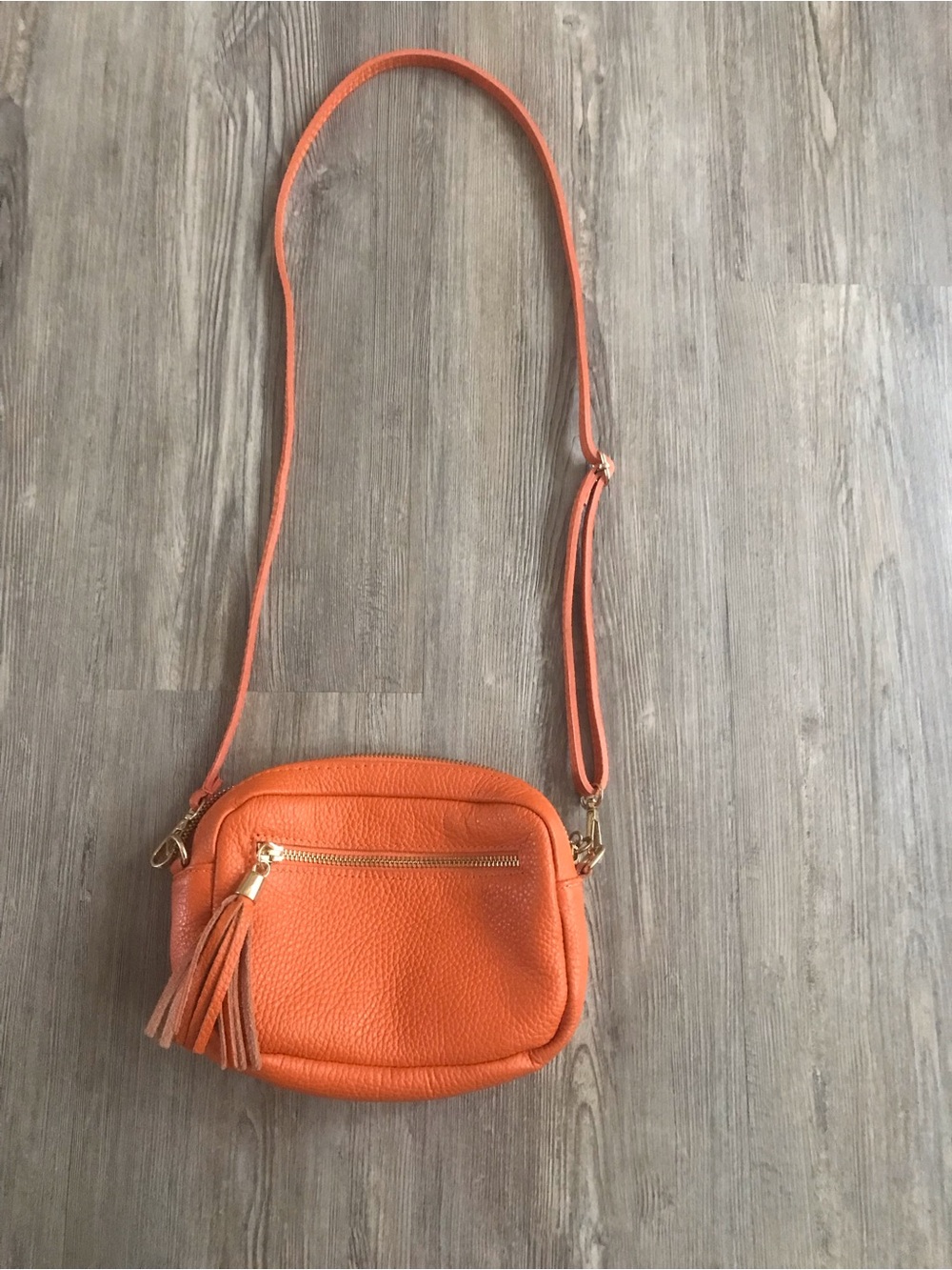 Orange Leather Crossbody Bag with Tassel